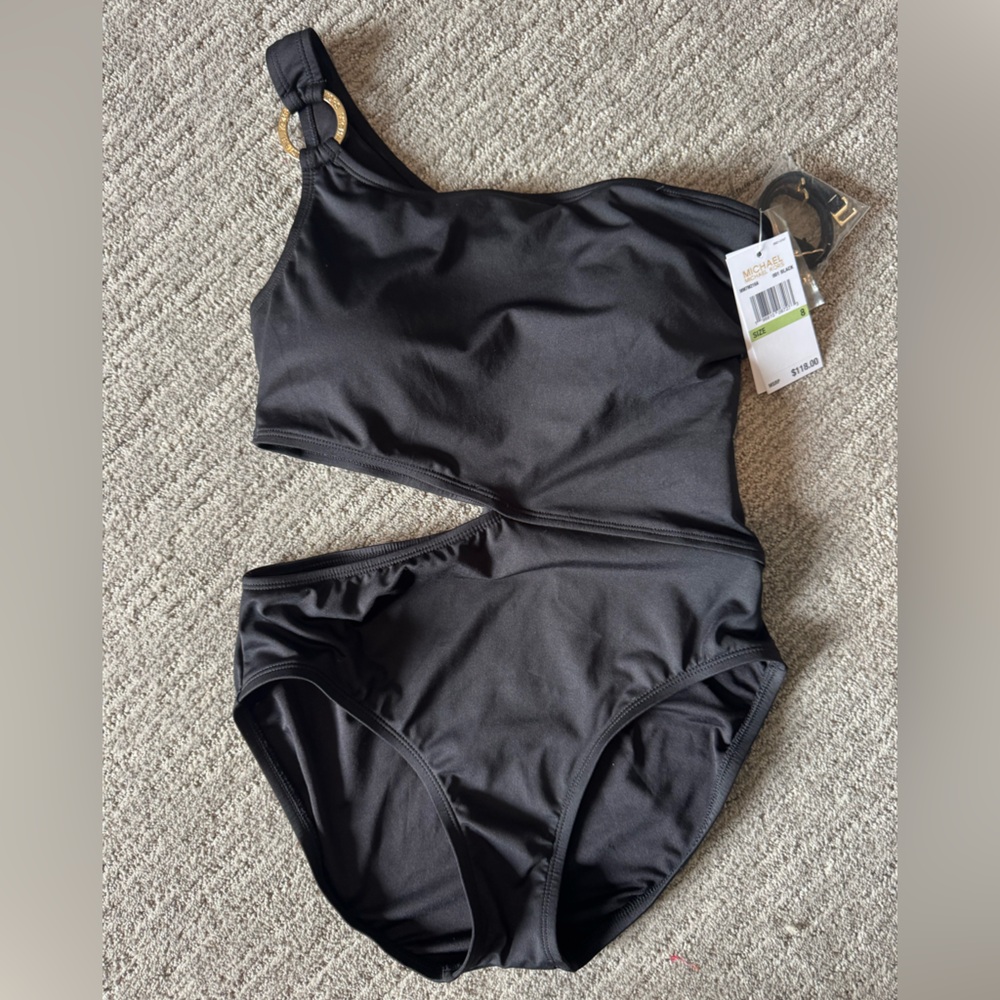 Michael Kors Elegant Black Swimsuit gold hardware side cut out design size 8